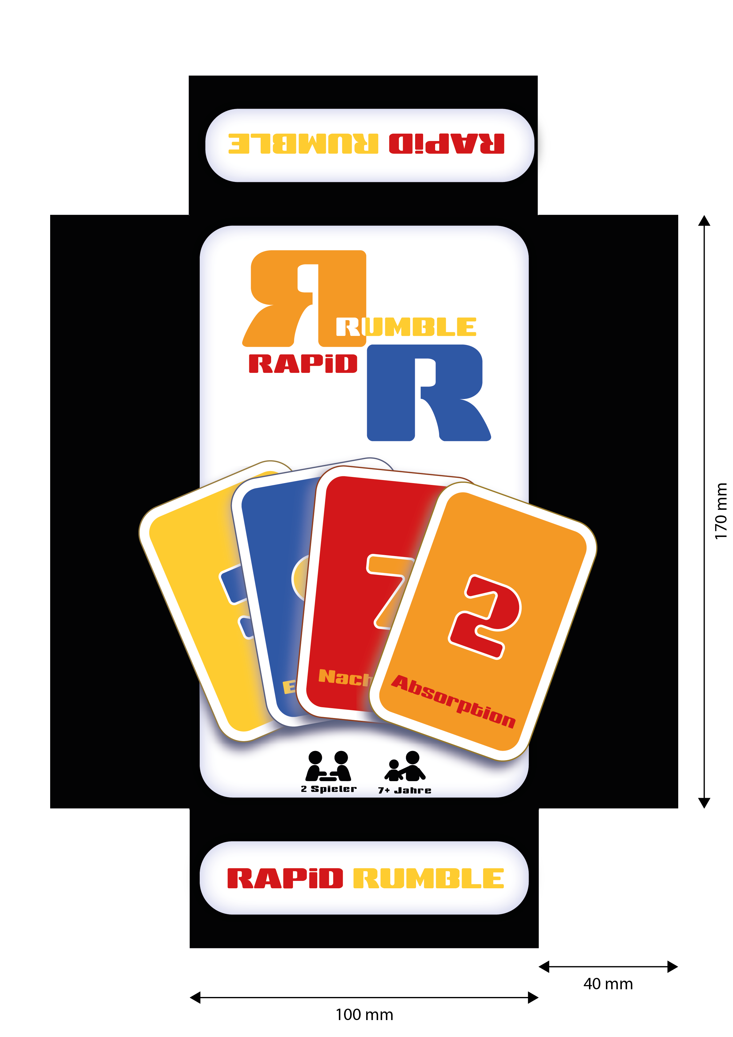 Packaging design for the card game Rapid Rumble. The front shows the logo with colorful cards fanned out, each labeled with actions like 'Absorption' and 'Nachbeben'. Icons below indicate it's for 2 players and ages 7 and up.